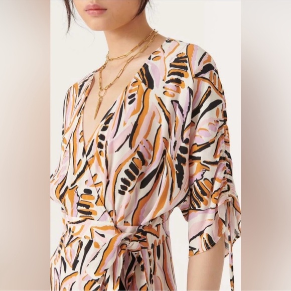 ba&sh Tabby Beige Pink Rust Abstract Wrap Style V-Neck Short Sleeve Dress Size S - Picture 2 of 14